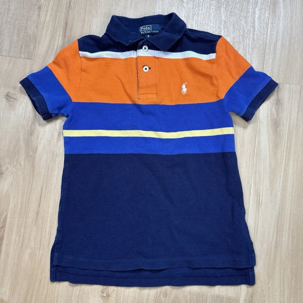 Vintage Boys Polo Ralph Lauren Polo Shirt Size 6 Stripes Preppy Orange & Blue